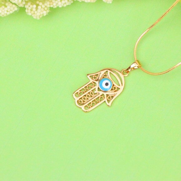 "Rose Gold Hamsa Hand Pendant with Blue Evil Eye and Filigree Design, XPPT1483 - Picture 3 of 12
